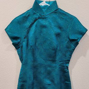 Vintage late 1940s\1950s Custom CheongSam (Chinese gown) - teal metallic thread